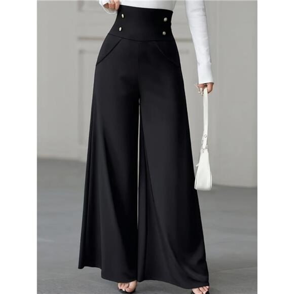 High Waist Wide Leg Button Decor Pants - Picture 1 of 8